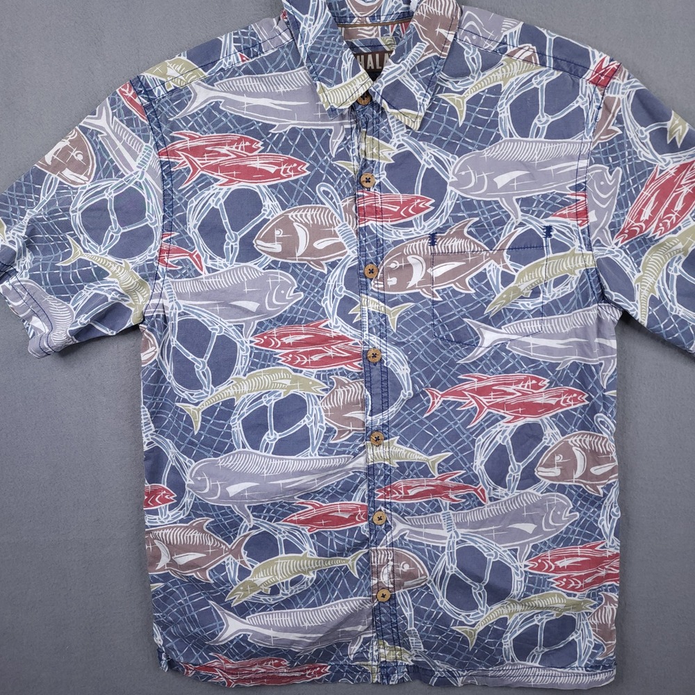Kahala Hawaiian Fish Print Shirt Mens M Blue Cotton Short Sleeve Aloha Button